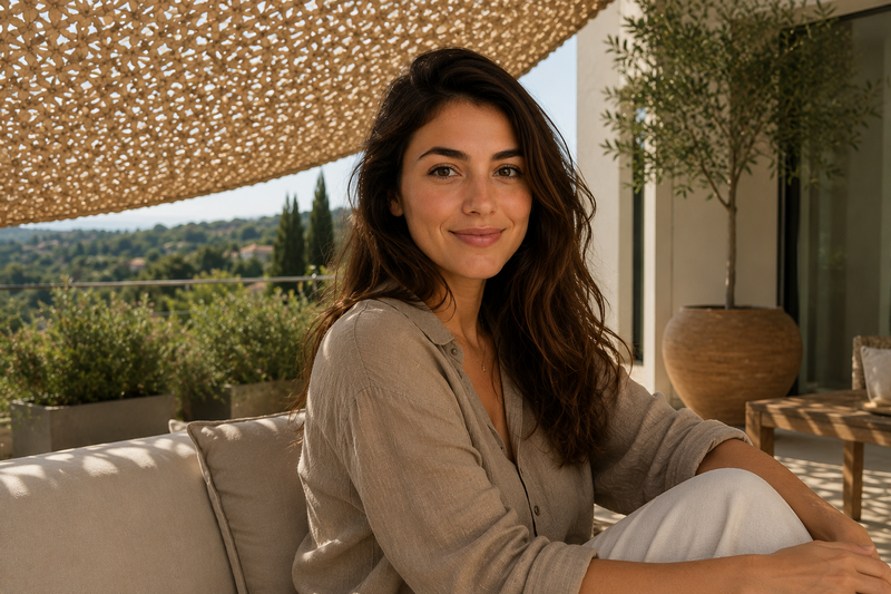 Terrasse ombragée par un filet de camouflage, cliente installée en extérieur Image