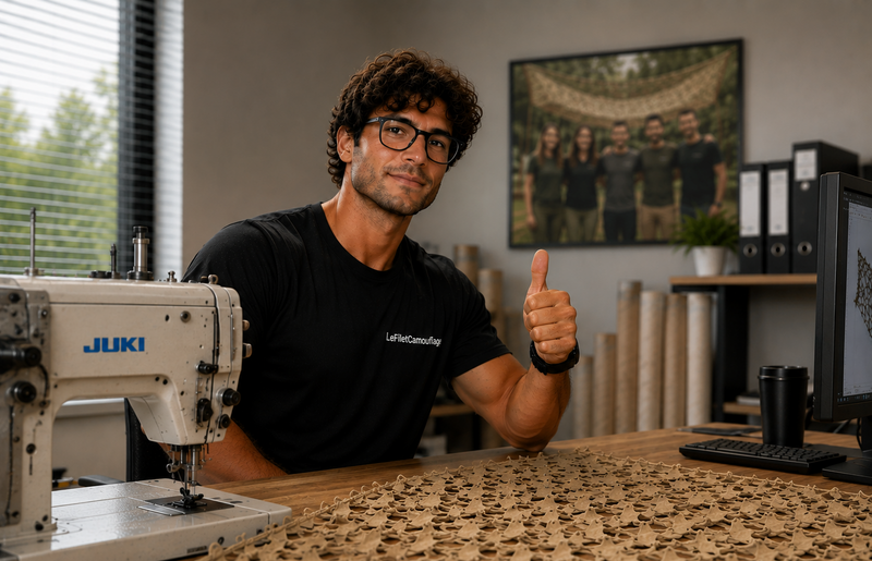 Membre de l'équipe LeFiletCamouflage dans l'atelier de fabrication Image