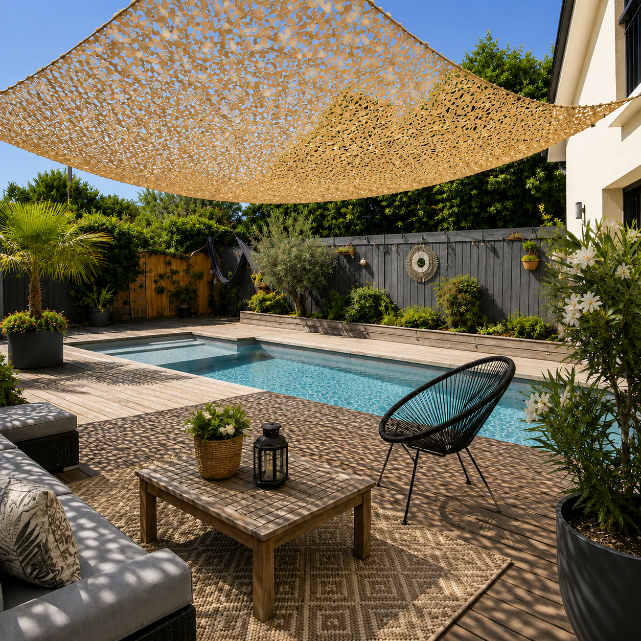 Terrasse avec piscine ombragée par un filet de camouflage beige